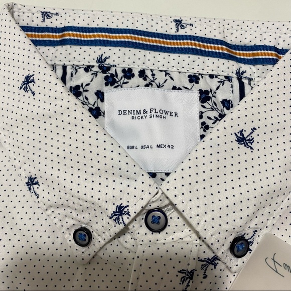 Denim & Flower Ricky Singh White Blue Palm Trees Button Down Szs Med, Lg - Picture 6 of 11